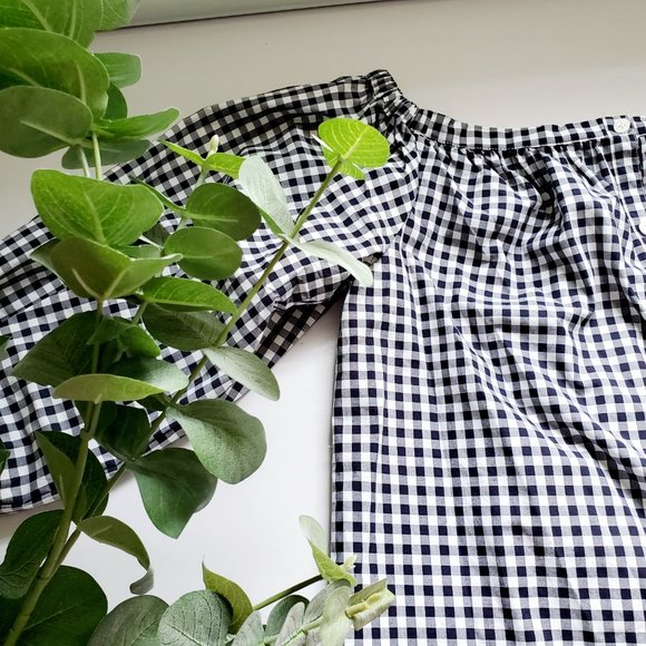 Black White Checkered Peasant Top 3/4 Sleeves | Gingham | Medium - Picture 12 of 13